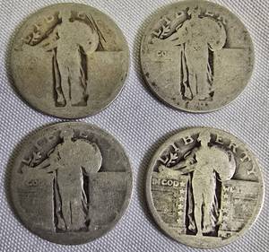 lot 66 image: Four Standing Liberty Quarters, each with a face value of one dollar NO DATES