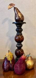 LR - Two Candle Holders 20in Pear-Top & Lattice Wood Stands, Faux Fruit & Love Sign Decor