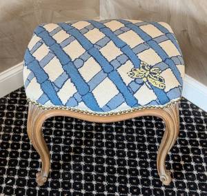 MB - Vintage Ottoman Footstool - Blue Cream Lattice Upholstery & Nailhead Trim