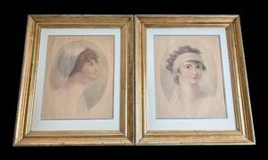 MB - Vintage Pair of Framed Oval Portrait Prints - 21 x 25 in Gilt Wood Frames