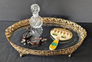 MB - Vintage Vanity Tray - Missing Stones, 9x13, Includes 2 Pairs Folding Reading Glasses