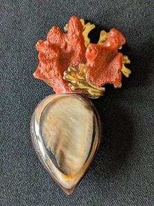 MB - Vintage Fabrice Paris Brooch - Coral Branch with Abalone Shell Cameo