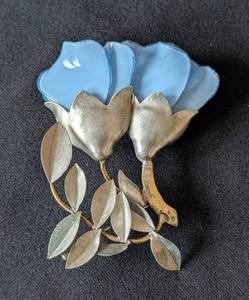MB - Vintage Fabrice Paris Floral Brooch - Blue Enamel Petals with Silver Leaves