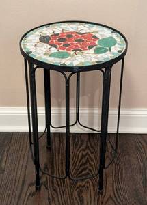 MB - Ladybug Mosaic Tile Accent Table, Black Metal Base