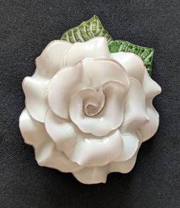 MB - Fabrice Paris Rose Brooch - White Enamel Rose with Green Leaves