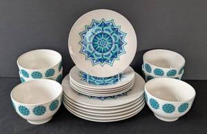MB - Royal Norfolk RNF127 Greenbrier Dish Set - 6 Place Settings - 10.5in Plates (BlueGreen Geometric)