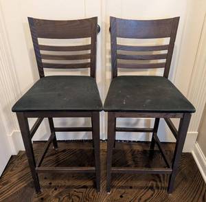 K - Pair Dark Wood Counter-Height Stools - Black Cushioned Seats