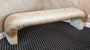 MB - Vintage Upholstered Bench Damask Fabric, Curved Ends