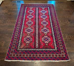 MB - Iranian Hand-Knotted Wool Rug - RedBlue Geometric Medallion, 47 x 80 in