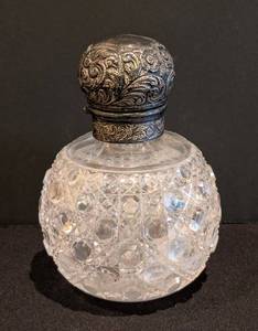MB - Antique Sterling Silver Top Crystal Bottle - Diamond-Cut Glass