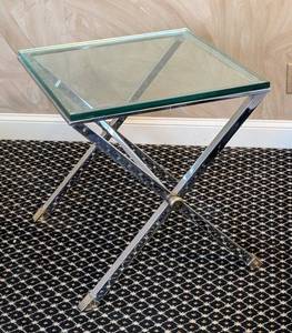 MB - Vintage Glass-Top Side Table with X-Frame Chrome Base