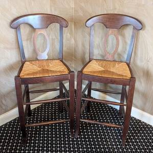 MB - Pair of Counter Height Stools - Dark Wood, Woven Rush Seats, 18 in W x 15 in D