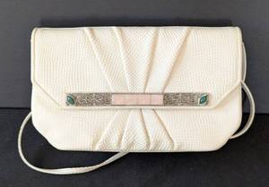 MB - Judith Leiber Ivory Lizard-Embossed Clutch with Pink Stone Bar and Green Accents
