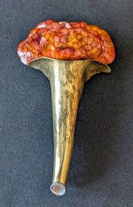 MB - Fabrice Paris Brooch - Coral-Red Bloom on Gold-Tone Stem