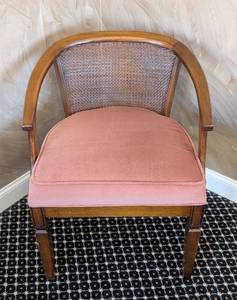 MB - Vintage Curved-Back Armchair, Pink Upholstery, Caned Back