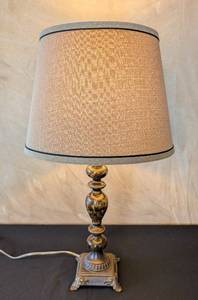 MB - Antique-Style Table Lamp, 28in H, Beige Shade, Ornate Bronze Base
