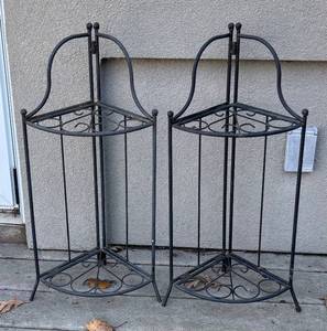 BY - Pair of Metal Outdoor Garden Shelves - Black Iron with Scrollwork