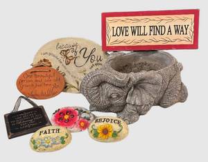 LR - Home Decor Finds Elephant Planter, Plaques and Painted Rocks