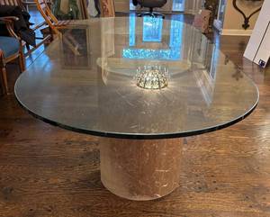 DR - Oval Glass Top Dining Table with Marble-Look Pedestal Bases