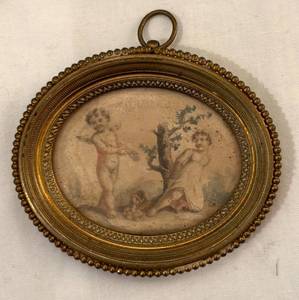 DR - Antique French Oval Cherub Painting in Brass Frame
