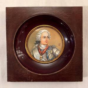 DR - Antique French Miniature Portrait Print in Square Wooden Frame