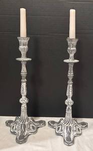 DR - Shabby Chic Candle Holders Pair - Distressed Ornate Bases