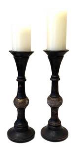 DR - Candlesticks Pair - Tall Black with Brass-Pattern Bands