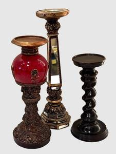 DR - Three Ornate Candle Holders - Red Glass Orb, Mirrored Hex Column and Black Spiral