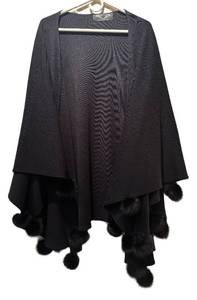 CC - Fabri Ozel Shawl - One Size Fits All, Knit Wrap with Fur Pom-Pom Trim