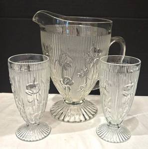 DR - Vintage Jeannette Iris and Herringbone Pattern Glass Pitcher with 2 Stemmed Glasses