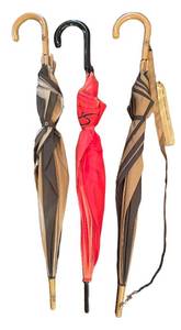DR - Umbrellas - 3 Vintage with Curved Wood Handles - BeigeStriped & Red Canopy