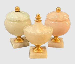 DR - Three Vintage Alabaster Urns with Lids on Marble Bases