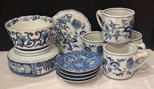 LR - Blue & White Porcelain Dinnerware - Bowls, Plates, Mugs & Trivet