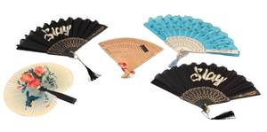 DR - Hand Fans Set of 5 - Black Slay Fans, Turquoise Sequin, Floral, Carved Wood