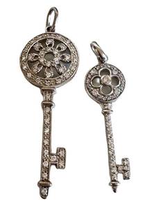 Sterling Silver Key Pendants (Lot of 2) - Filigree Round Dial with Crystals
