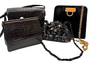 MB - Ferragamo Suede Handbag & Mary Frances Beaded Clutch (Lot of 4)