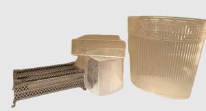 Vintage Glass Bath Accessories Set - 12in Tall Ribbed Wastebasket, Lidded Jar & Ornate Holder