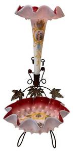 C1 - Antique Victorian Art Glass Ruffled Epergne Centerpiece with Ruffled Edge Bowl Featuring a Hand-Painted Romance Scene