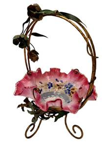 C1 - Antique Victorian Brides Basket - Hand Painted Pink Glass Bowl