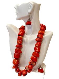 Red Coral Bead Necklace with Matching Earrings - Hammered Silver Toggle Clasp