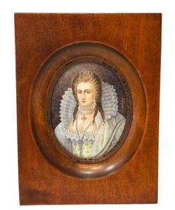 Berlier Queen Portrait Miniature - Antique Oil Painting