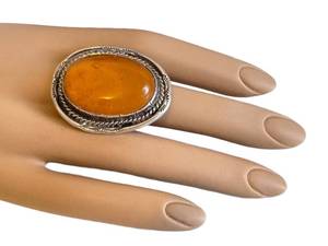 Amber Cabochon Ring in Sterling Silver - Size 7