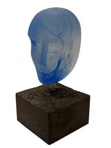 DR - Kosta Boda Bertil Vallien Blue Sand-Cast Glass Head on Granite Base 9 in Tall