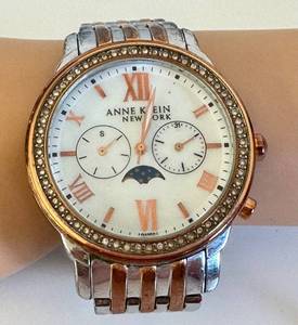 Anne Klein New York Moon Phase Watch - Two-Tone Stainless Steel with Crystal Bezel