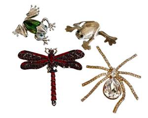 Dragonfly, Green Leaf Frog, Beige Frog & Crystal Spider Brooch Set