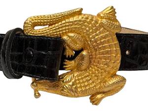 Kieselstein-Cord Style Alligator Belt Buckle on Black Embossed Leather Belt - Small