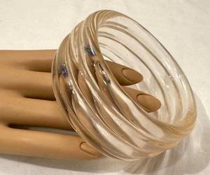 Vintage Ribbed Lucite Bracelet - Clear Wide Cuff, Pre-Owned