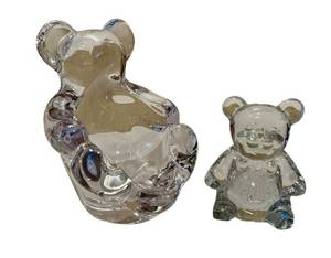 DR - Vintage Art Vannes France Crystal Bear Trinket Dish (5 in) & Glass Bear Figurine