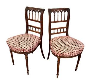 DR - Antique Carved Wood Side Chairs - Pair, Upholstered Seats