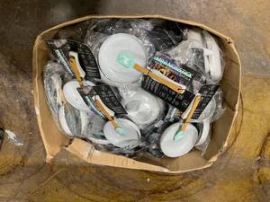 lot 215 image: BOX OF Brooklyn Steel 2 Pc Sets Mini Frying Pans White & Bamboo Silicone Spatula Blue